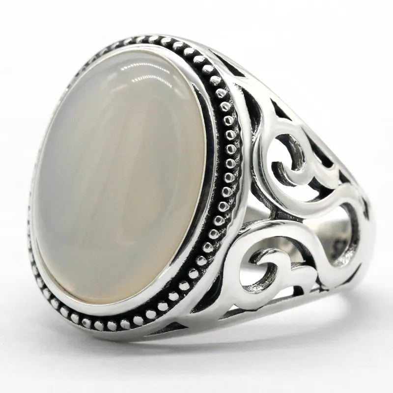 Vit Agat Aqeeq Ring i 925 Sterling Silver