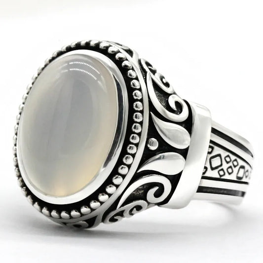 Vit Agat Aqeeq Ring i 925 Sterling Silver