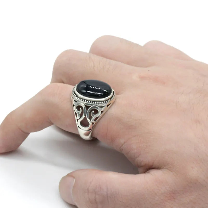 Black Agate Aqeeq Ring in 925 Sterling Silver